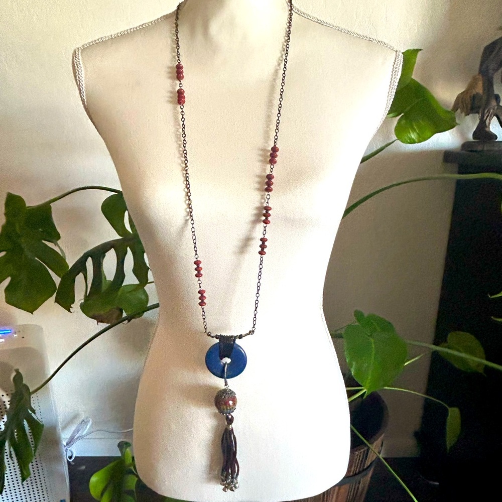 Vintage Treska Design Stone Pendant Big Bead Leather Tassel Beaded Necklace